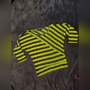 ALMOST FAMOUS * STRIPED SHEER TOP * SIZE S * NEON GREEN & CHARCOAL GRAY * NWOT